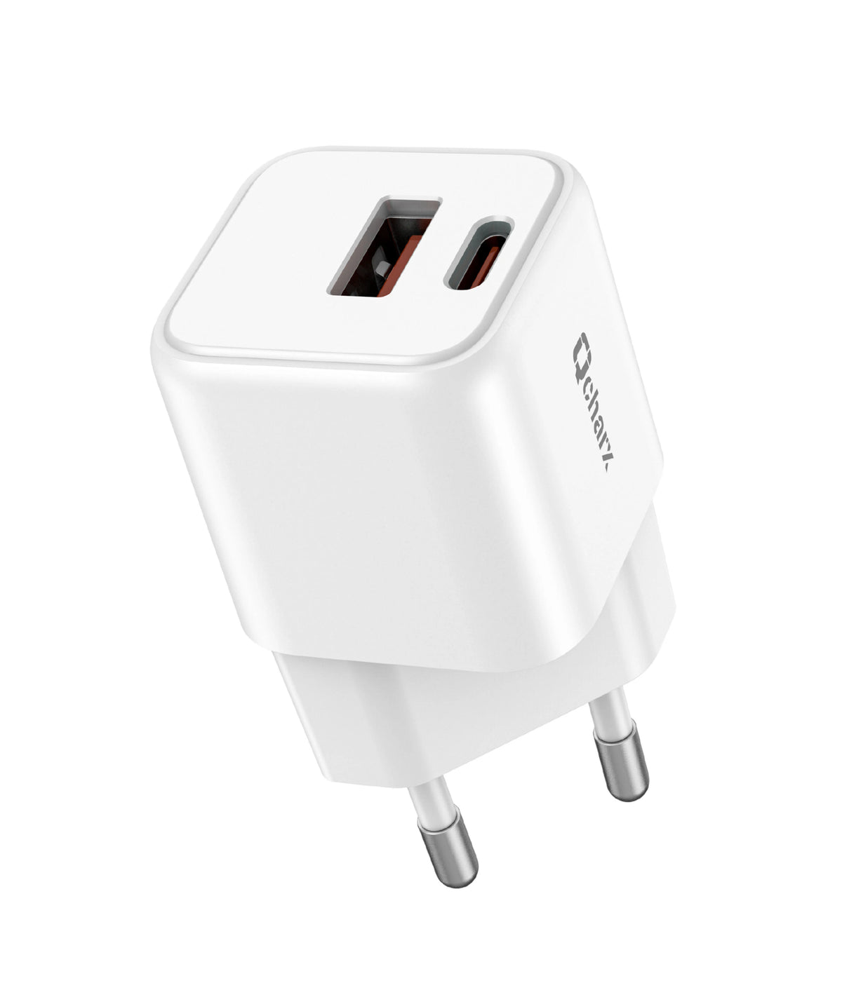 Qcharx Zeus Carregador Mini 20W 3A 1 porta USB + 1 porta USB-C branco Adaptado a réguas de tomadas