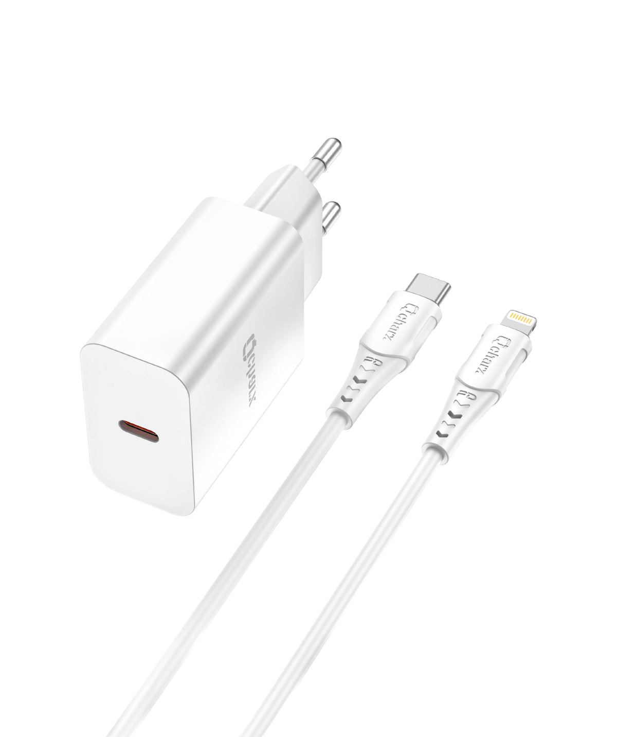 Qcharx Chronos Carregador 20W 3A 1 porta USB-C PD + Cabo USB-C para Lightning branco (1m)