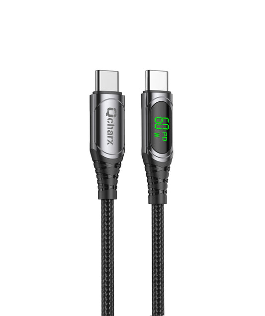 Qcharx Ibiza Cabo USB-C para USB-C 3A 60W (1 m) liga de alumínio preto Cabo Suave Ecrã digital