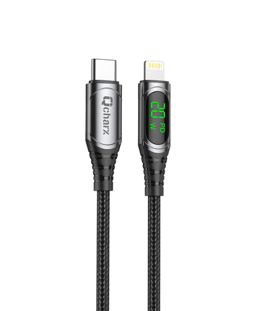 Qcharx Mallorca Cabo USB-C para Lightning 3A 20W (1 m) liga de alumínio preto Cabo em tecido Ecrã digital