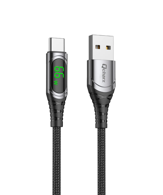 Qcharx Menorca Cabo USB para USB-C 3A 66W (1 m) liga de alumínio preto Cabo Suave Ecrã digital