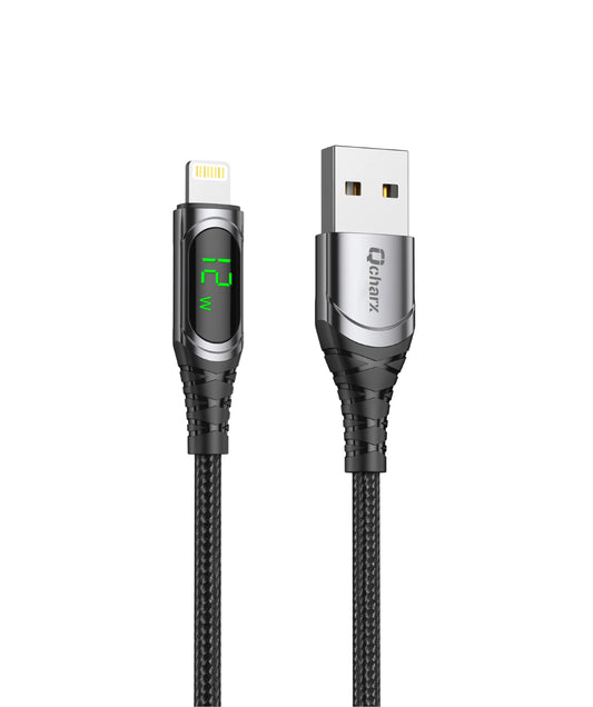 Qcharx Formentera Cabo USB para Lightning 3A 12W (1 m) liga de alumínio preto Cabo Suave Ecrã digital
