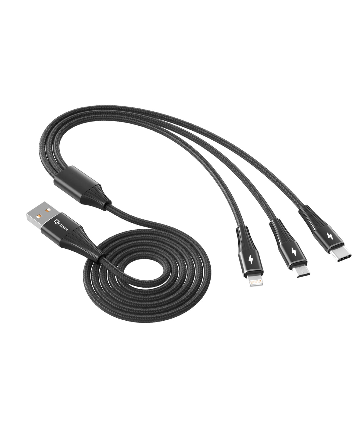 Qcharx Napoli Triplo Cabo USB para Lightning + USB-C + Micro 3A (1,2 m) liga de alumínio preto Revestimento suave
