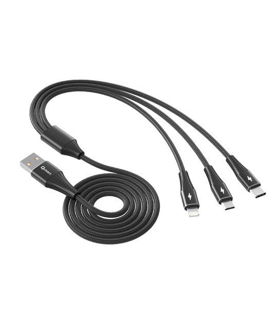 Qcharx Napoli Triplo Cabo USB para Lightning + USB-C + Micro 3A (1,2 m) liga de alumínio preto Revestimento suave