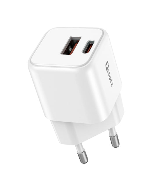 Qcharx Zeus Carregador Mini 20W 3A 1 porta USB + 1 porta USB-C branco Adaptado a réguas de tomadas