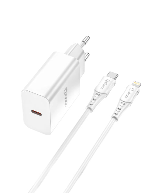 Qcharx Chronos Carregador 20W 3A 1 porta USB-C PD + Cabo USB-C para Lightning branco (1m)