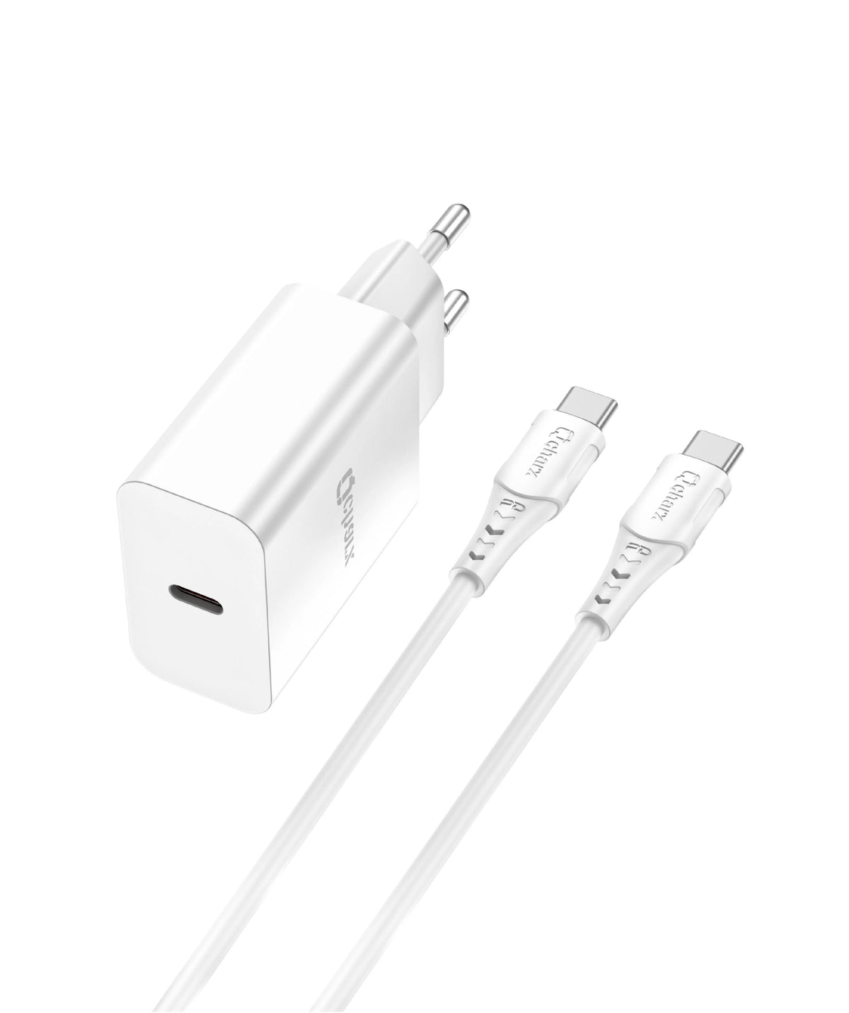 Qcharx Chronos Carregador 20W 3A 1 porta USB-C PD + Cabo USB-C para USB-C branco (1m)