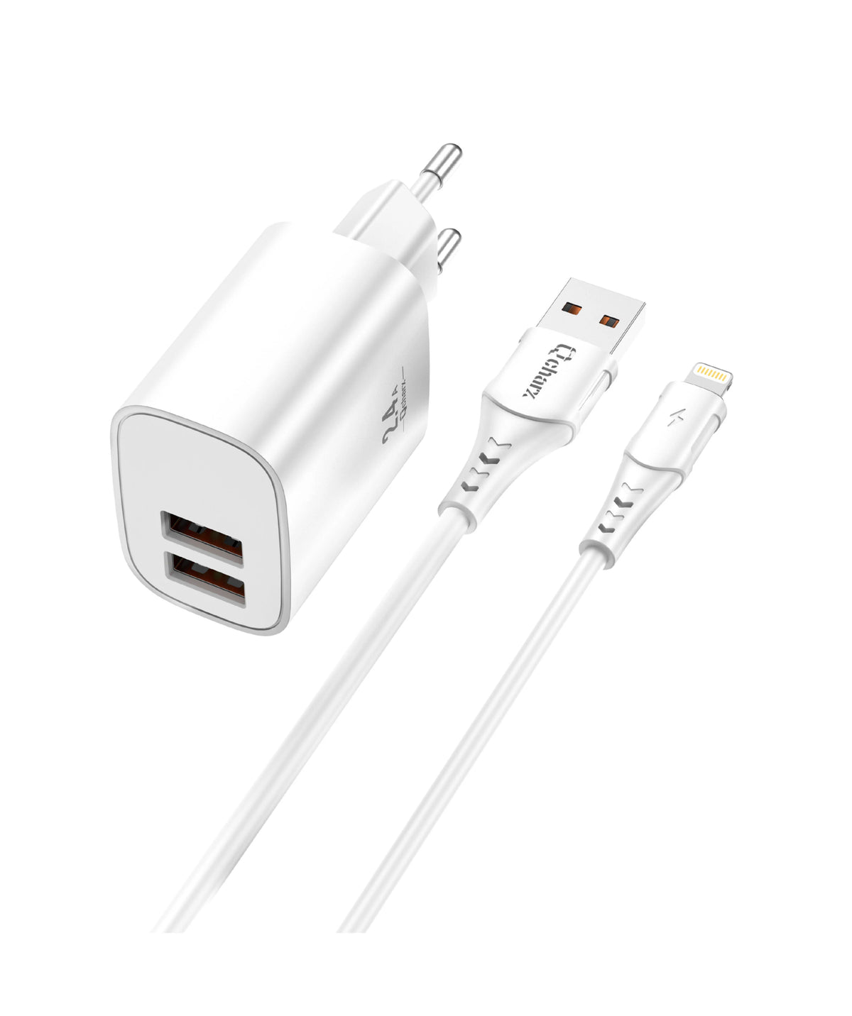 Qcharx Apolo Carregador 12W 2,4A 2 portas USB + Cabo USB para Lightning branco (1m)