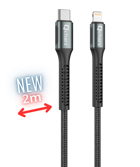 Qcharx Prague Cabo USB-C para Lightning 3A 20W (2 m) liga de alumínio preto revestimento em tecido suave