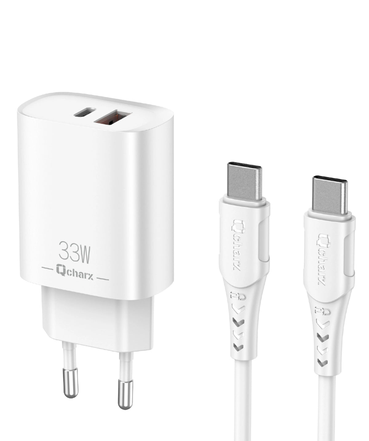 Qcharx Eros Carregador 33W 3A 1 porta USB + 1 porta USB-C + Cabo USB-C para USB-C branco