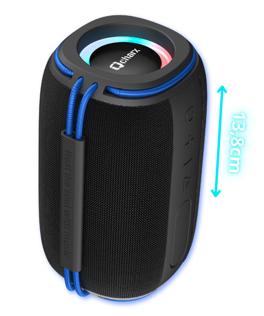 Qcharx Flow Mini Coluna Bluetooth 5.3 10W preto com pega Azul Áudio