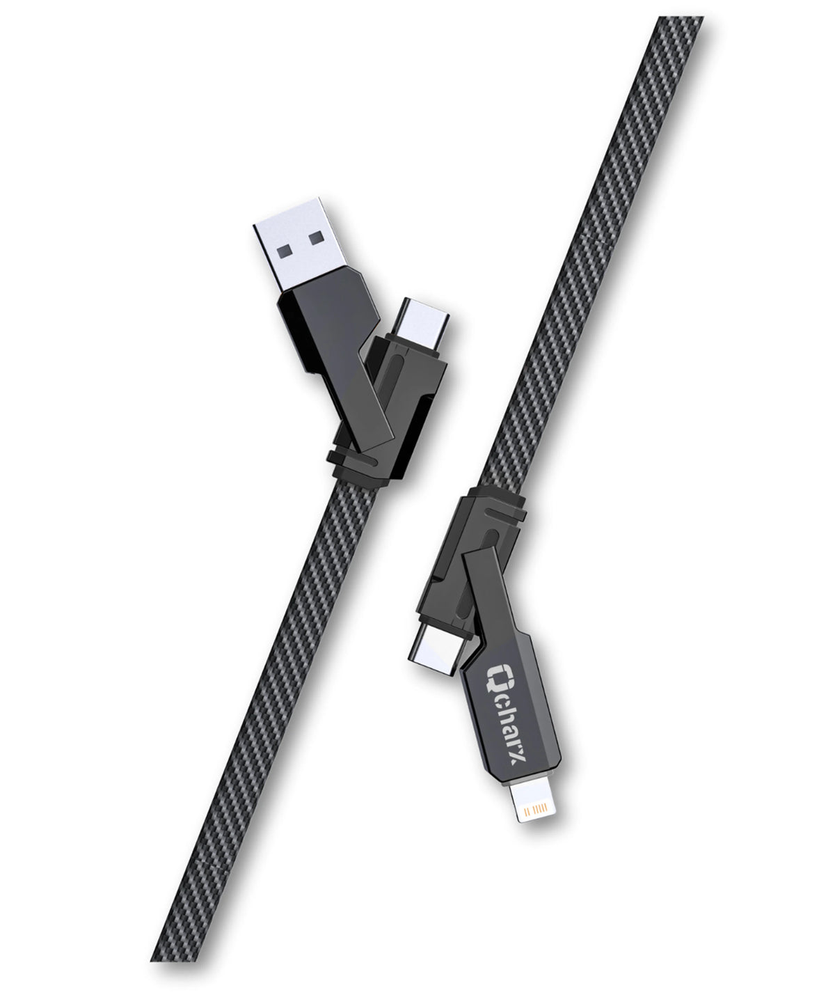 Qcharx Porto Cabo multiconector: USB-A a USB-C (18W) USB-A a Lightning (12W) USB-C para USB-C (60W) USB-C para Lightning (20W) Plano entrançado Nylon preto