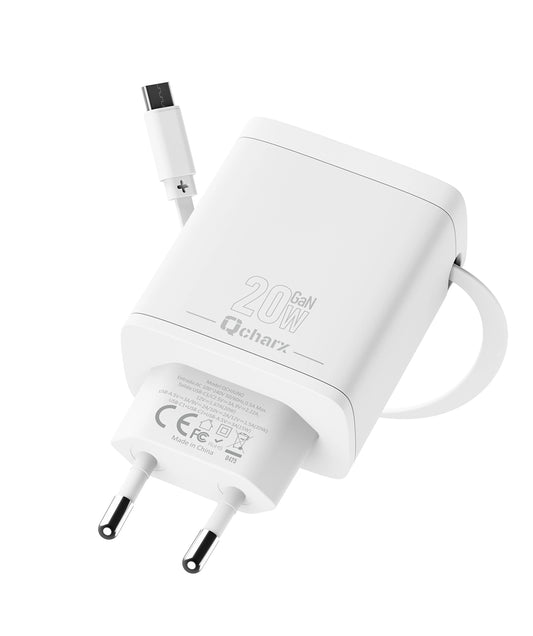 Qcharx Juno Carregador 20W 3A 1 porta USB + 1 porta USB-C + Cabo USB-C integrado branco